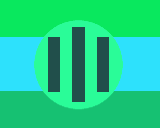 A tricolor flag, the top stripe is light green, middle is light blue, bottom is dark green. In the middle is a medium green circle
       with 3 dark grey lines, the middle one is bigger than the outer two lines.